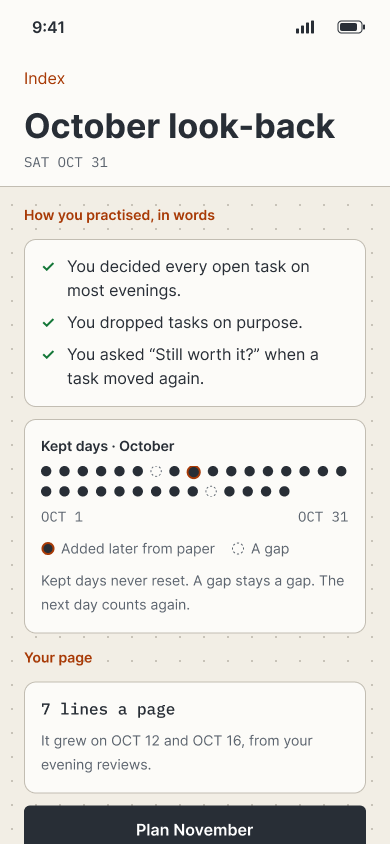 October look-back: practice in sentences, kept-day dots, and a page that grew.