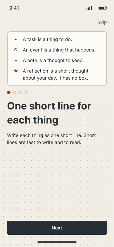 Onboarding step 1: task, event, note and reflection, each as one short line.