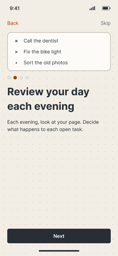 Onboarding step 2: an evening review example with done, moved and open marks.