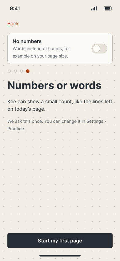 Onboarding step 4: a switch for words instead of counts, asked once.