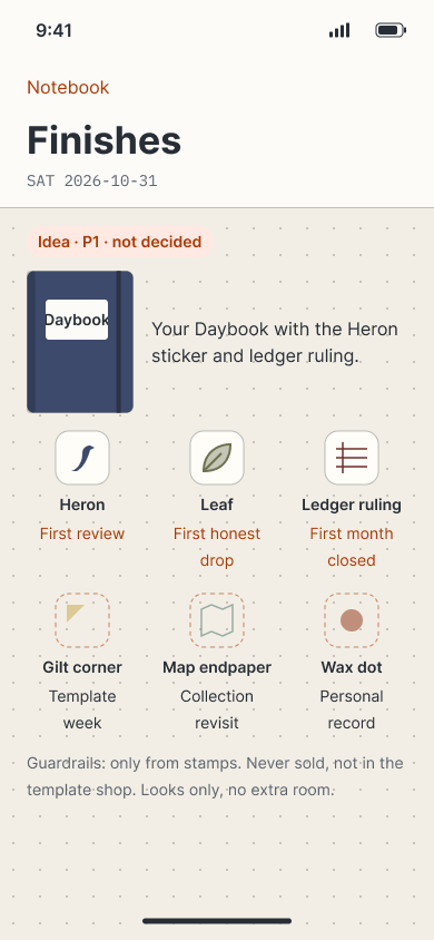 Printable notebook finishes: Heron, Leaf and ledger-ruling stickers earned from stamps, for the analog cover.