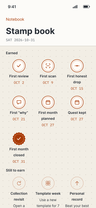 Stamp book: earned seals for first review, first scan, first honest drop, and more still to earn.
