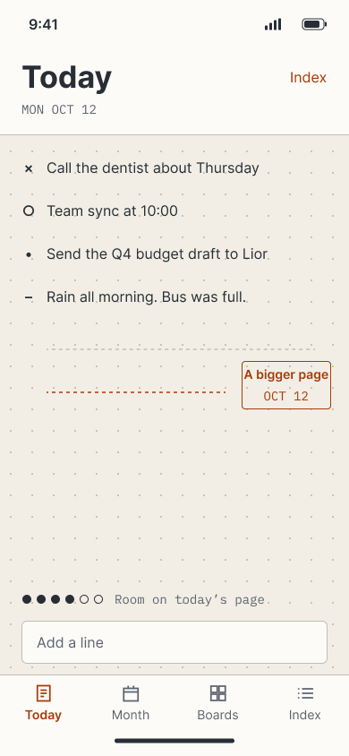 Today as a notebook page: rapid-log lines, a margin stamp, and dots for room left.