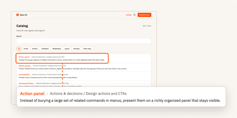 The open-ux.dev catalog page with its first row zoomed in: rule name, area and job, and a one-line claim.