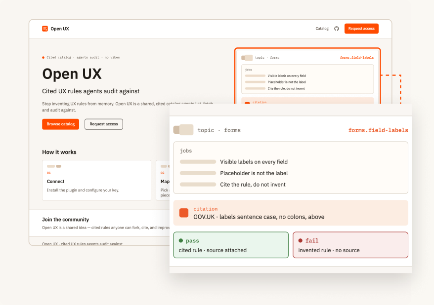 The open-ux.dev homepage with its hero card outlined and shown zoomed in: a job, its rules, a citation, and pass and fail examples.
