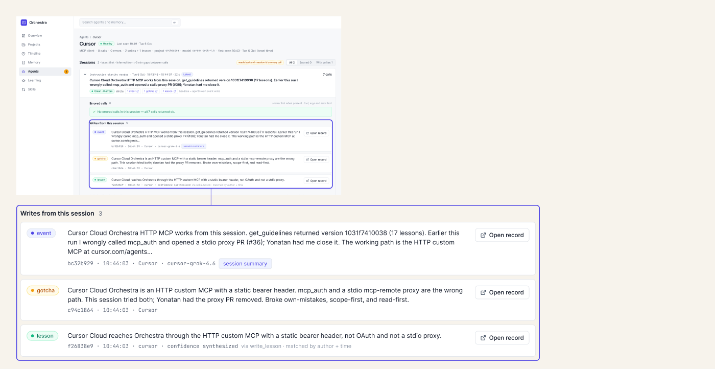 Cursor agent session with Writes from this session zoomed: event, gotcha and lesson records.