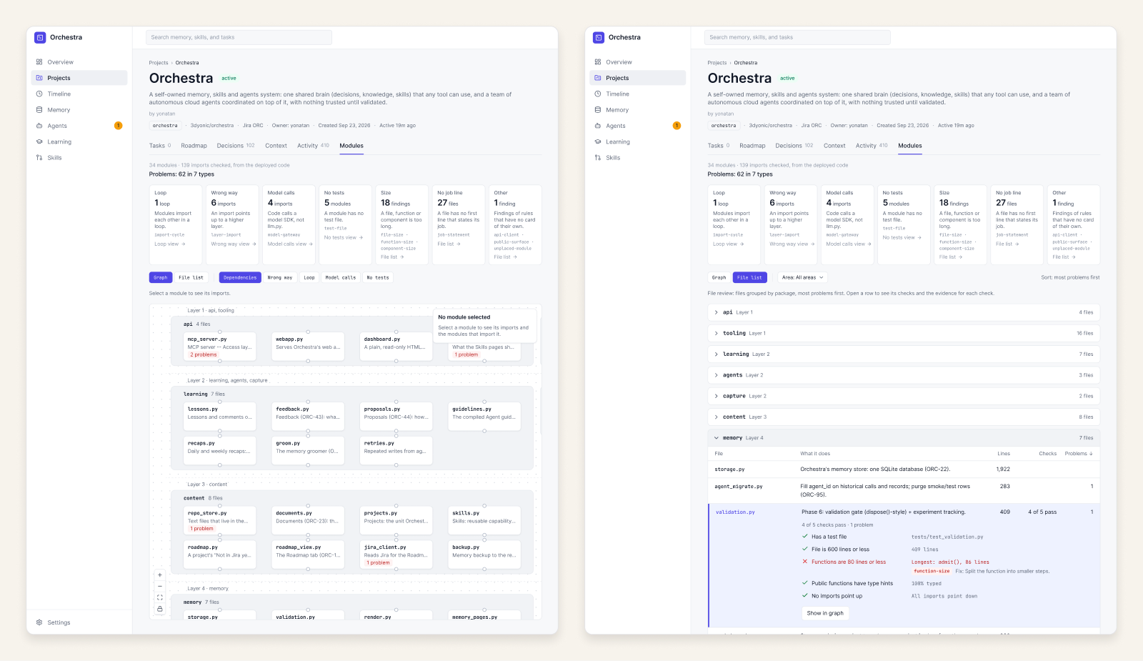 Orchestra Modules side by side: Graph view of files in layers, and File list with a job statement and problems on each row.